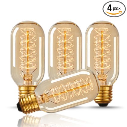 Luohaoshi T45 40W Vintage Antique Light Bulbs, Warm White ,E26 Edison Tubular Style,Clear Glass,110-130 Volts, Filament light Bulbs for Home Light Fixtures Decorative(4 Pack)