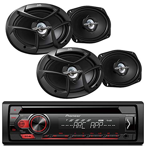 Pioneer CD MP3 Playback AM/FM Radio Single Din Car Receiver with Remote, 4x JVC 6x9" 400W Max 3-Way Coaxial Speakers