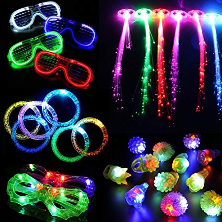 Atcket 30 Pieces LED Light Up Party Favor Toy Set.LED Party Pack With LED Accessories - 12 LED Flashing Bumpy Rings,6 LED Bubble Bracelets,6 LED Glasses And 6 LED Fiber Optic Hair Extensions