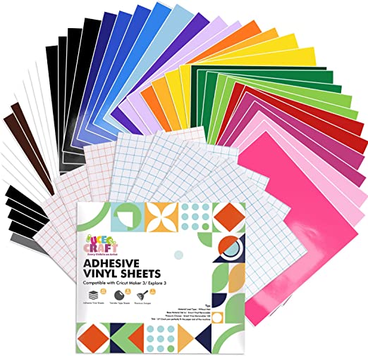 UCEC Removable Vinyl Sheets Compatible with Cricut Maker 3/ Explore 3, 13in x 12in 43 Self Adhesive Vinyls Sheets & 8 Transfer Tape Sheets & 1 Premium Scraper, for Signs Scrapbooking Cup Bottles Decoration