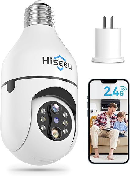 Hiseeu Light Bulb Security Camera Wireless WiFi 2.4GHz,10X Zoom PTZ Light Socket Security Camera for Home, 2-Way-Audio, Auto Tracking & Alarm, 3MP Color Night Vision, SD & Cloud Storage (Dual Lens)