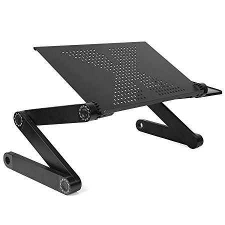 FEMOR Portable Adjustable Aluminum Laptop Table/Stand/Desk, Multifuctional Bed Tray Book Stand with Mouse Pad Side Mount, 360° Ratating Legs and X Shaped Cooling Holes Ergonomics Design, Black