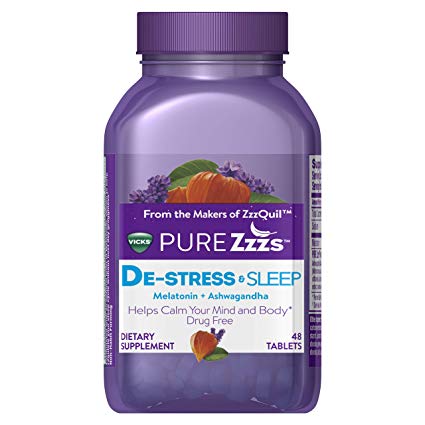 Vicks Pure Zzzs De-Stress & Sleep Melatonin Sleep Aid Tablets with Ashwagandha, Chamomile, Lavender and Valerian Root, 1mg per Tablet, 48 ct