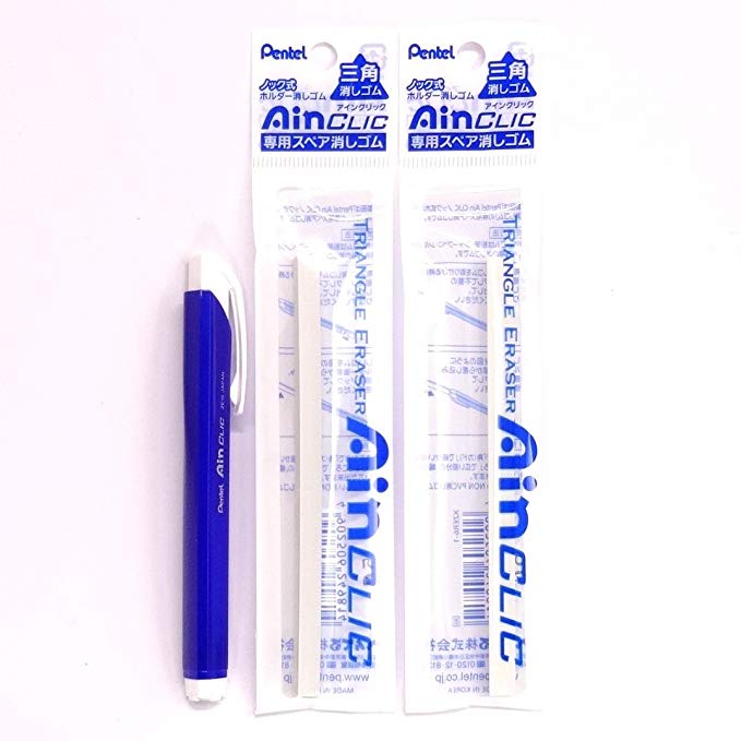 Pentel AinCLIC Stick Type Knock Eraser, Metal Blue (XZE15-MC)   Eraser Refills×2 Packs/total 2 Refills(Japan Import) [Komainu-Dou Original Package]