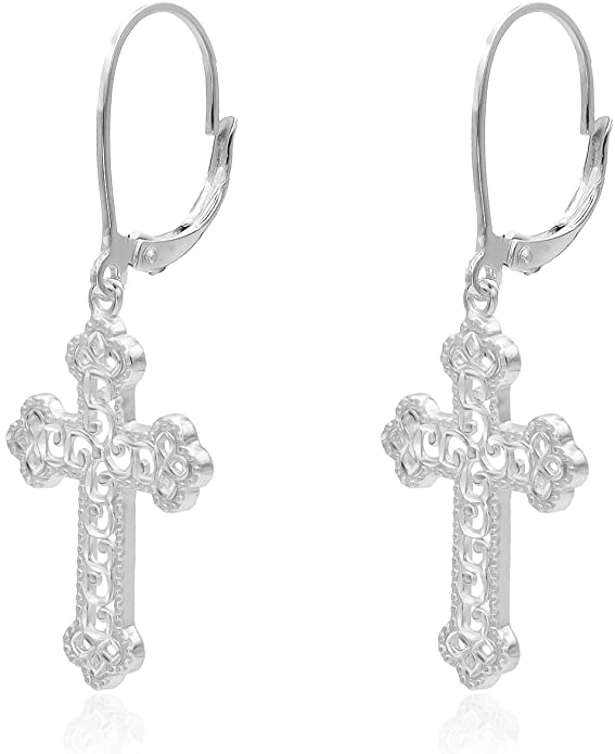 River Island Sterling Silver Diamond-Cut Filigree Cross Leverback Dangle Earrings