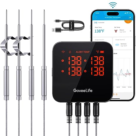 GoveeLife WiFi Meat Thermometer Digital, Smart Cooking Thermometer with 4 Probes, Wireless Bluetooth Grill Thermometer with APP Alert and Temp Curve, 40H Rechargeable BBQ Thermometer for Smoker, Oven