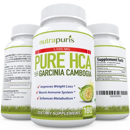 1500mg 100% PURE HCA From Garcinia Cambogia - #1 Best Garcinia Cambogia Extract Pure Capsule With The HIGHEST LEVEL OF PROVEN HCA - Effective Appetite Suppressant And Weight Loss Supplement That Works For Men And Women Of All Ages - 180 All Natural Made In The USA Vegetarian Safe Capsules - Includes The Famous "100% Happiness Guarantee" From Nutrapuris!