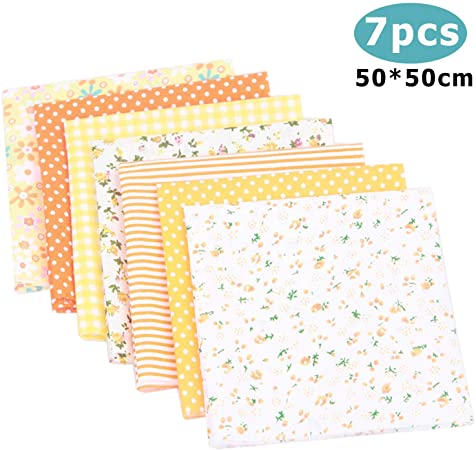 Cotton Craft Fabric Bundle Patchwork, 7pcs 20-inch Squares Quilting Sewing Patchwork Different Pattern Cloths DIY Scrapbooking Artcraft (Yellow)