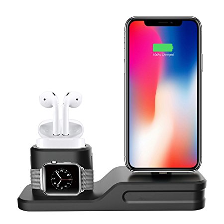 ZALU 3 in 1 Premium Silicone Stand Charging Dock for AirPods & Apple Watch & iPhone [Cables Watch Adaptor NOT included] (Black)