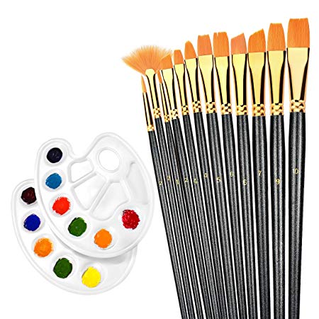 12 Pieces Paint Brushes, Atmoko Painting Brush Set with 2 Palettes for Watercolor, Acrylic & Oil Paintings, Perfect for Painting Canvas, Ceramic, Clay, Wood & Models, Great Gift for Kids, Artists