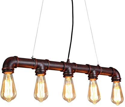 MKLOT Retro Vintage Industrial Metal Steampunk Ceiling Pendant Light E26 5-Light 25.6" Wide Lamp Water Pipe Island Style Lighting Fixture for Kitchen Bar Dining Room Restaurant Living Room
