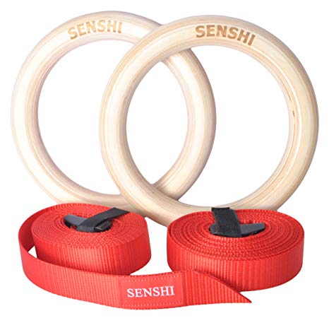 Senshi Japan RED Wooden Olympic Gymnastic Rings - Extra Strong Wood With Adjustable Neoprene Straps- Can Hold 150 kg - For Gymnastic, Strength Training, Body Building, Pull Ups, Suspension Training