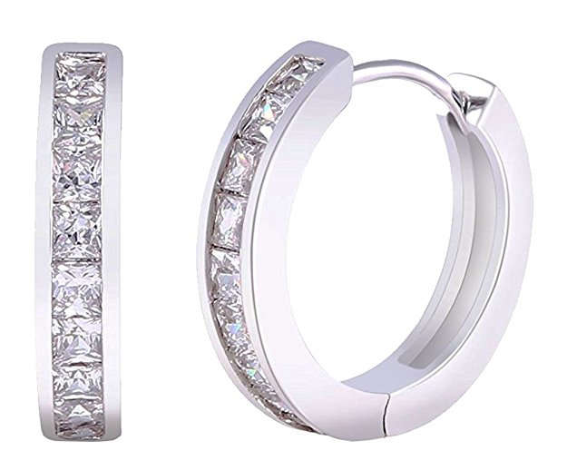 Yves Renaud White Gold Plated Hoop Earrings with Single Row Austrian Crystal White Sapphires Set - Fashion Jewelry for Women - 1 Pair with Pouch and Cleaning Cloth