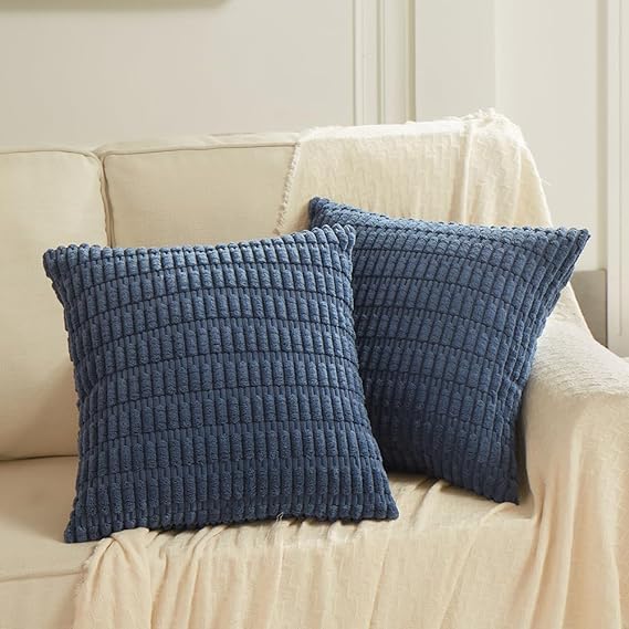 Fancy Homi 2 Packs Dusty Blue Decorative Throw Pillow Covers 22x22 Inch for Living Room Couch Bed Sofa, Rustic Farmhouse Boho Home Decor, Soft Striped Corduroy Square Cushion Case 55x55 cm