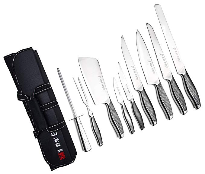 Ross Henery 9 Piece Chef Knife Set, Japanese Style Kitchen Knives Includes Sharpening Steel in Canvas Carry Case