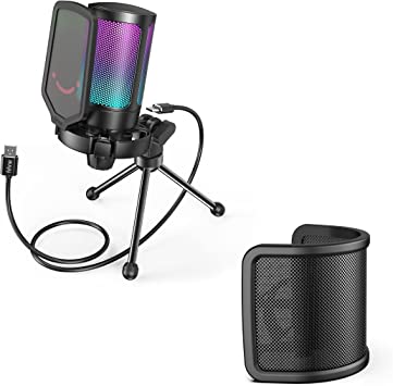 FIFINE AmpliGame Gaming USB Condenser Microphone with Quick Mute, RGB Indicator, Tripod Stand, Pop Filter, Shock Mount, Gain Control for Streaming YouTube Videos