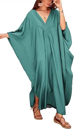 Bsubseach Women Solid Color Cover Up V Neck Batwing Sleeve Plus Size Beach Kaftan Dresses