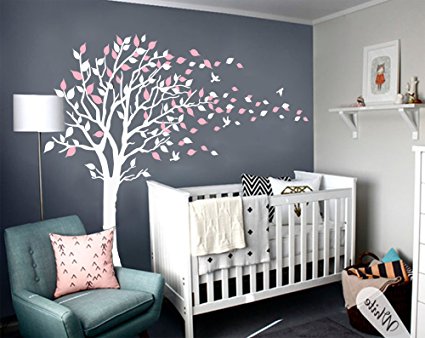 LUCKKYY Tree Blowing in the Wind Tree Wall Decals Wall Sticker Vinyl Art Kids Rooms Teen Girls Boys Wallpaper Murals Sticker Wall Stickers Nursery Decor Nursery Decals (White pink)