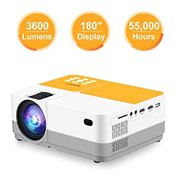 TUREWELL H3 Projector Video Projector 3600 Lumens Native 720P LCD Mini Projector 180" 55000 Hours Support 2K HDMI/VGA/AV/USB/SD Card/Headphone Compatible with Fire TV Stick/Home Theater/PS4