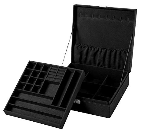Sodynee Two-Layer Lint Jewelry Box Organizer Display Storage Case with Lock, Black