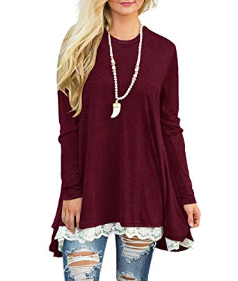 Angerella Women's Long Sleeve Tops Lace A-Line Tunic Blouse