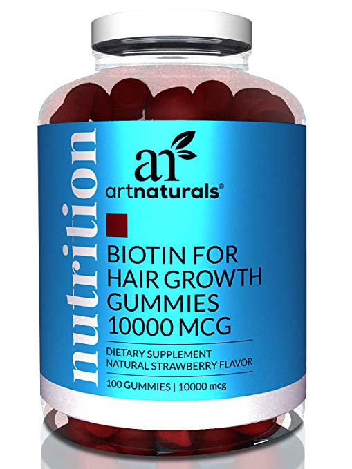 ArtNaturals Biotin Gummies for Hair Growth - (100 Gummies - 10,000mcg) - Natural Strawberry Vitamins Supports Nails and Skin - Gelatin, Gluten, Nut and Egg Free