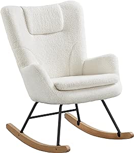 Yaheetech Fauteuil à Bascule Scandinave à Haut Dossier Chaise à Bascule en Tissu Bouclé avec Pieds en Bois Massif de Hêtre Fauteuil d'appoint pour Salon Chambre Appartement Blanc/1