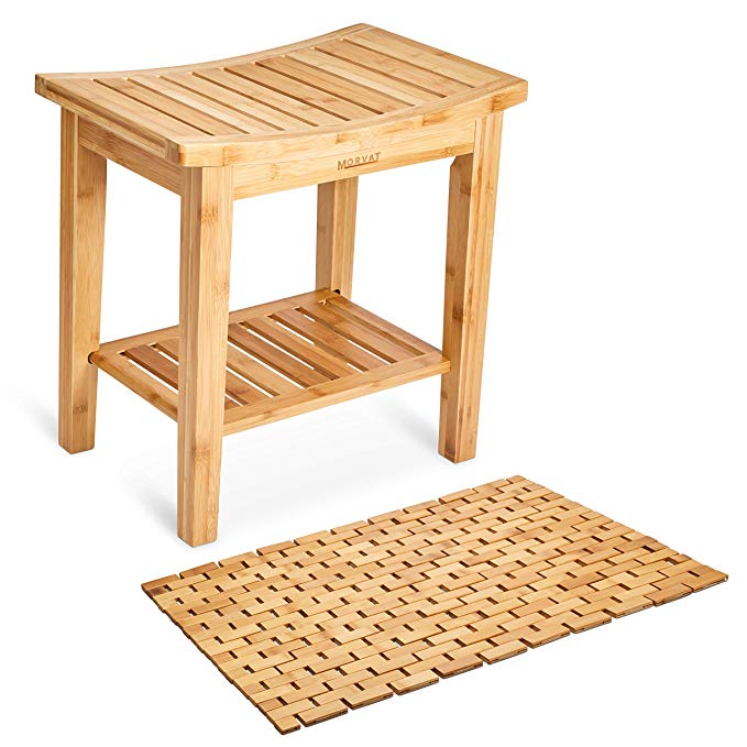 Morvat Bamboo Shower Bench and Bamboo Shower Mat, Shower Seat, Bathroom Furniture, Shower Chair, Tub Bench, Bathroom Bench, Small Wood Bench, Made from Durable, Waterproof Bamboo Wood, 19”x18”x12”