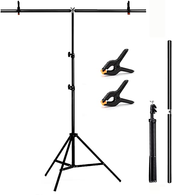 T-Shape Background Stand Backdrop Support Kit 2.6ft Wide 6.6ft Tall Adjustable Photo Studio System with 2 Spring Clamps, BEIYANG