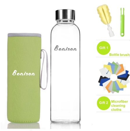 BONISON Stylish Top Level Quality Environmental Borosilicate Glass Water Bottle with Colorful Nylon Sleeve (18oz)