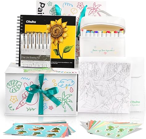 Ohuhu Gift Box for Teenager Girls Women Female Christmas GiftMarkers Package: 72-color Alcohol Marker Set, 16 Coloring Sheets, 8 Fine line Pens & Marker Sketchbook Art Supplies Birthday Mother's Day