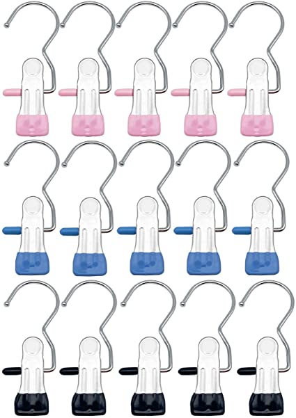 AIRFISH 15 PCS Laundry Hook Boot Hangers with Clips Stainless Steel Hanging Hold Clips Portable Hanging Hooks for Home Travel Clothes Pins, 3 Colors Assorted