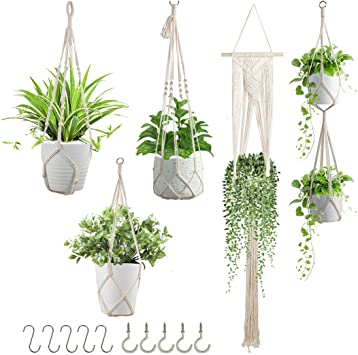 COSTYLE Macrame Plant Hanger Indoor Pack of 5 No Tassel Hanging Plant Holder Indoor Outdoor, Macromay Plant Hanger for Boho Home Decor(Ivory)