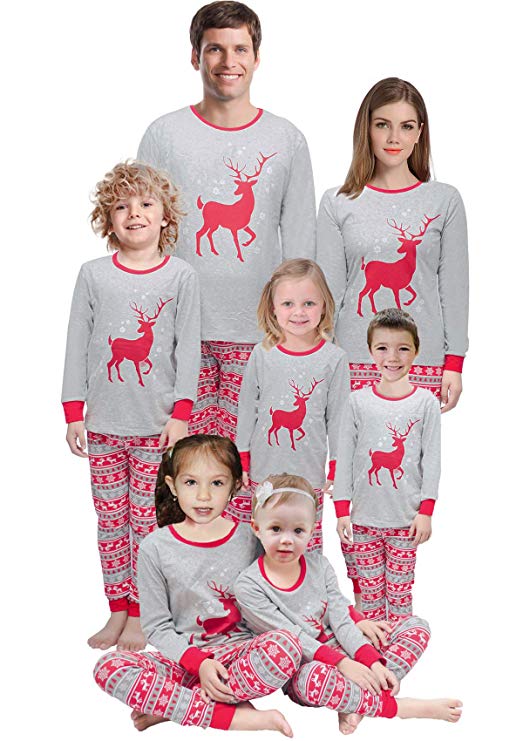 Family Christmas Pajamas Mama/Little/Papa Bear/Reindeer Top&Fair Isle Bottoms,Grey Bear Womens,Large