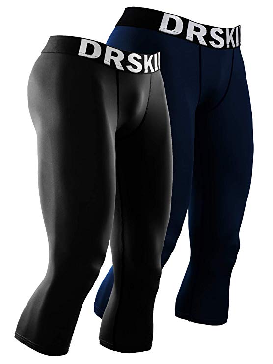 DRSKIN 1~3 Pack Men’s 3/4 Compression Tight Pants Base Under Layer Running Shorts Cool Dry (Packs of 1, 2, or 3 Deals)