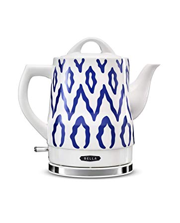 BELLA (14744) 1.5 Liter Electric Ceramic Tea Kettle with Boil Dry Protection & Detachable Swivel Base, Blue Aztec