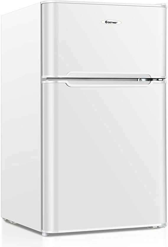 COSTWAY Compact Refrigerator, 2 Reversible Door 3.3 CU.FT. Mini Fridge and Freezer Compartment with Adjustable Thermostat & Removable Glass Shelves for Dorm Apartment Office (White)