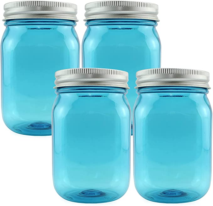 Cornucopia Small Coin Bank Jars (4-Pack, Blue); 16oz Plastic Mason Jar Coin Banks w/Silver Slotted Lids