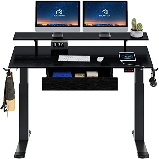 Rolanstar Standing Desk Dual Motor Adjustable Height Desk with Drawer 47" Electric Standing Desk with USB Charging Ports, Stand Up Computer Workstations with Shelf and Double Headphone Hook Black