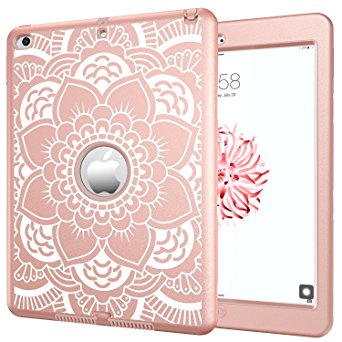 iPad Air 2 Case A1566/A1567, Hocase Shock Absorbent Hybrid Dual Layer Hard Rubber Protective Case with Cute Floral Design for Apple iPad Air 2nd Generation 2014 Release - Rose Gold