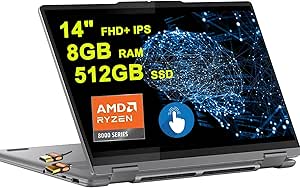 Lenovo Yoga 7 2-in-1 AI PC Laptop 14" FHD  IPS Touch AMD Zen4 6-core Ryzen 5 8640HS (&gt; i7-1255u) 8GB RAM 512GB SSD Backlit Fingerprint FHD IR Privacy Camera Long-Lasting Battery Win11   HDMI Cable