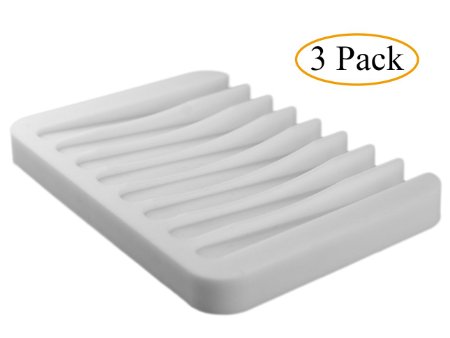 MelonBoat 3 Pack Silicone Shower Soap Dish Set, Soap Saver Holder, Rectangle White Concave