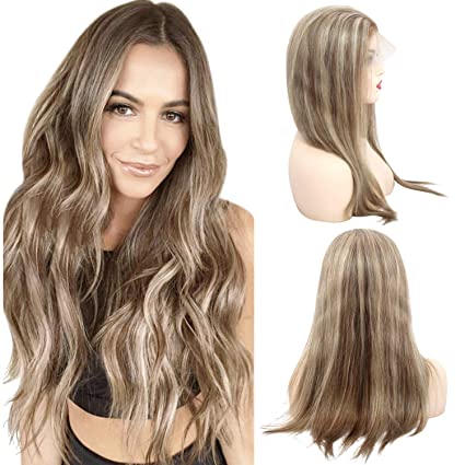 Balayage Lace Front Wigs Real Remy Human Hair Chestnut Brown with 613 Blonde Highlights 150% Density Ombre Long Lace Frontal Wig for Women Pre Plucked Bleached Knots with Baby Hair Free Part 18 Inch