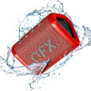 QFX BT-ZX0 Mini Speakers - IPX7 Waterproof Portable Bluetooth Speaker | Dynamic HD Sound | Small Wireless Speaker with TWS, FM Radio, Long Battery Life | Ultimate Travel Speaker for Music Lovers, Red