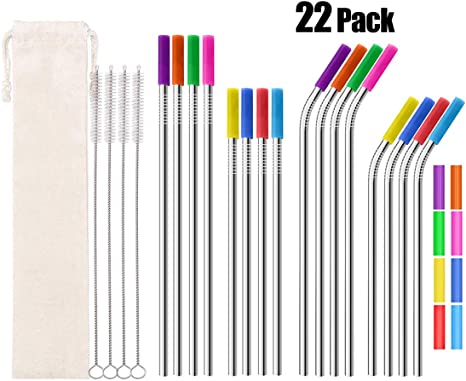 Metal Straws Reusable Stainless Steel Straws Curved Straight Drinking Straws for 16 20 24 30 32oz Tumblers, with 24 Silicone Tips 4 Cleaning Brush 1 Pouch (Silver 8.5inch and 10.5inch)