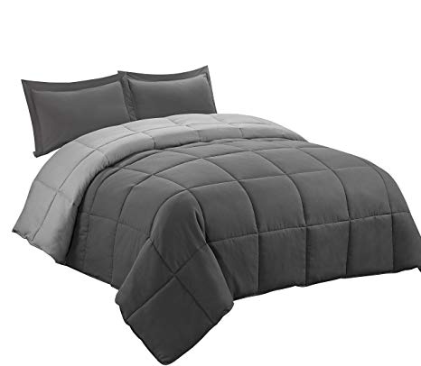 3pc Down Alternative Comforter Set -All Season Reversible Comforter with Two Shams - Quilted Duvet Insert with Corner Tabs -Box Stitched –Hypoallergenic, Soft, Fluffy (King/ CK, Dark Gray/Light Gray)