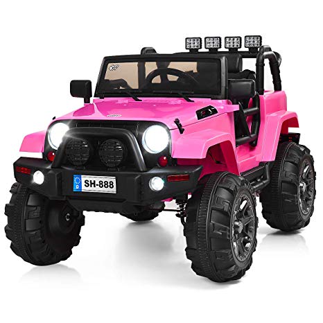 Costzon Ride On Truck, 12V Battery Powered Electric Ride On Car w/ 2.4 GHZ Bluetooth Parental Remote Control, LED Lights, Double Doors, Safety Belt, Music, MP3 Player, Spring Suspension (Pink)