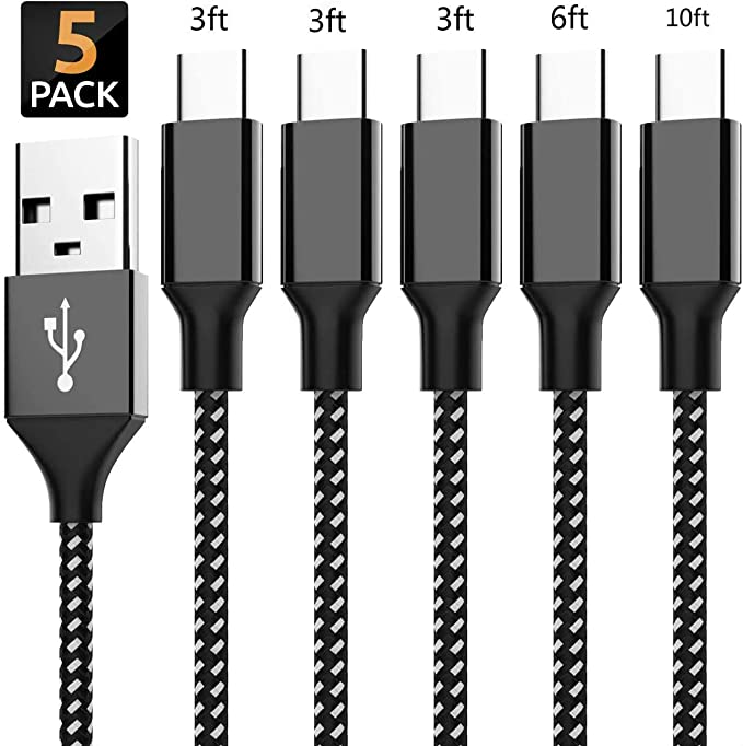 5 Pack Type-C Cable USB C to USB A Charger USB Syncing Nylon Braided Fast Cord Charger Compatible for Samsung Galaxy S9 S8 Note 8, Pixel, LG V30 G6 G5, Nintendo Switch, OnePlus 5 3T
