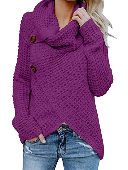 Pxmoda Womens Asymmetric Sweaters Chunky Cowl Neck Color Block Wrap Pullover Coat with Button