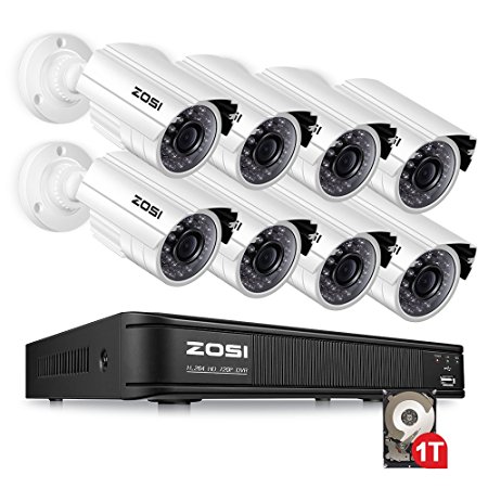 ZOSI 720p HD-TVI Home Surveillance Camera System ,8 Channel Security Dvr with 1TB Hard Drive and (8) HD 1.0MP 1280TVL Outdoor/Indoor Day Night CCTV Cameras